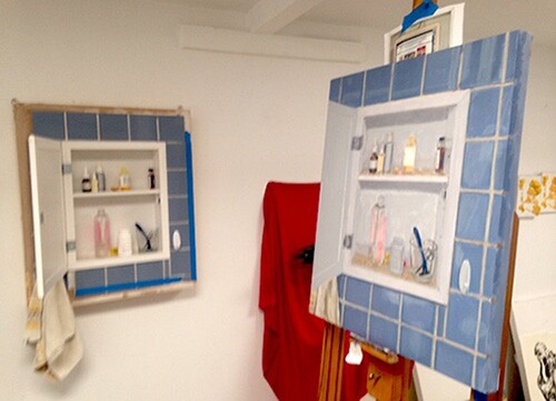 A prop that Scott built in order to make a painting of the bathroom medicine cabinet, and the painting itself. | Photo: Courtesy of Scott Marvel Cassidy.