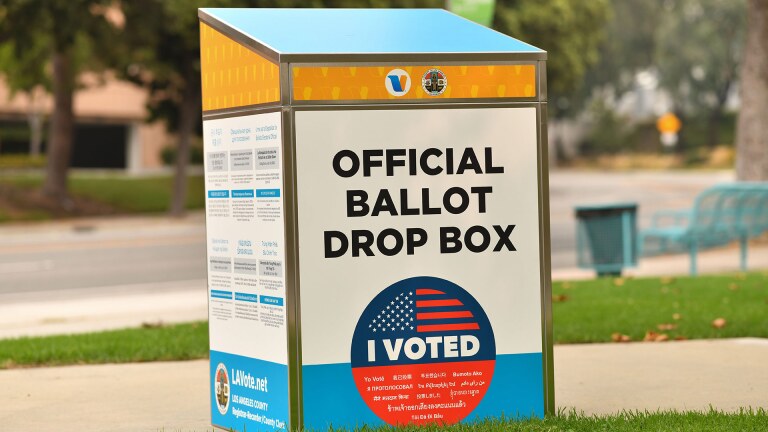 An official ballot drop box is set up in Los Angeles on September 12, 2020, ahead of the November 3 presidential elections. | CHRIS DELMAS/AFP via Getty Images