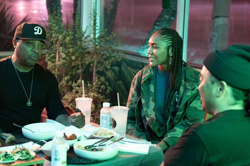 Roy Choi visits Leimert Park with legendary artist/activist Chuck D and Mia Keeling of Simply Wholesome. Photo credit: Stephen Vanasco