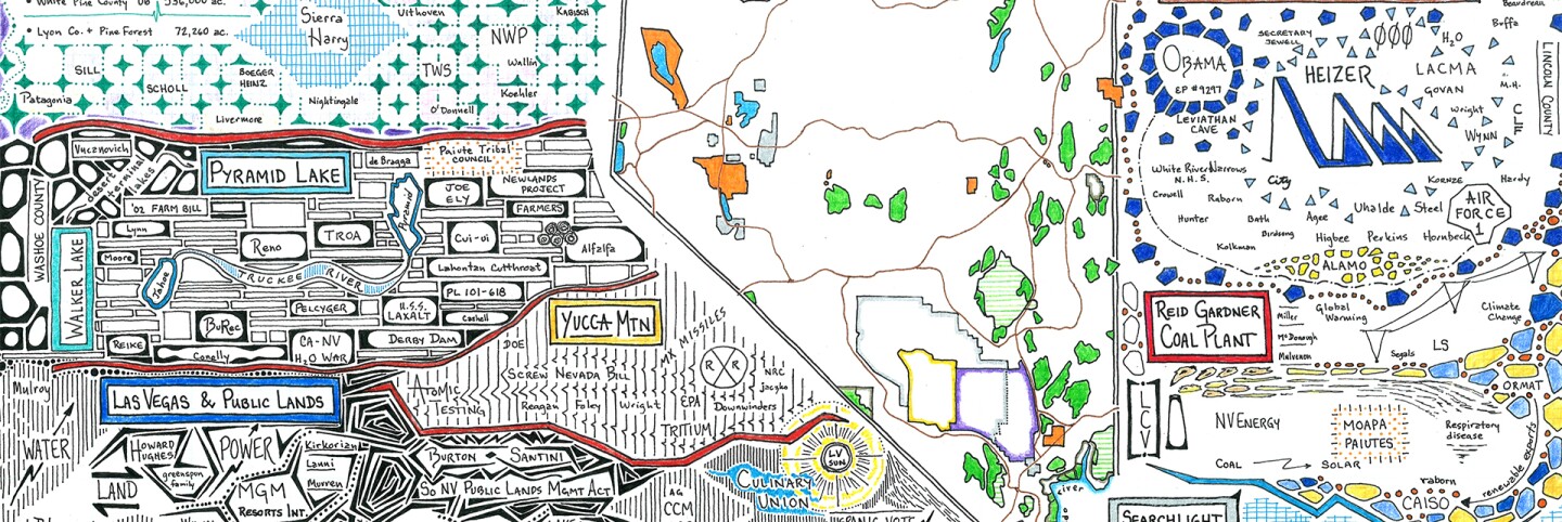 Cross section of a power map of the environmental campaigns led by Sen. Harry Reid during his long career in Congress. | Illustrated by Kai Anderson