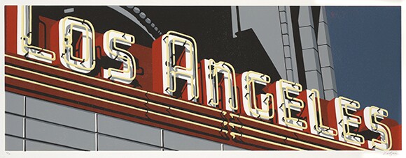 "The Los Angeles (II)" by Dave Lefner, 2009, Reduction linocut in 8 colors, Edition of 10, 13" x 36" | Courtesy of the artist and Skidmore Contemporary Art