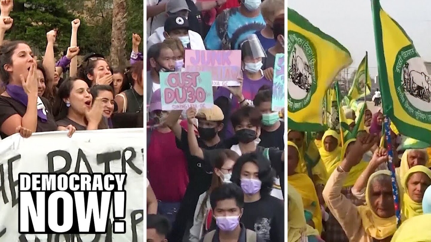 Three images of women's marches on International Women's Day.