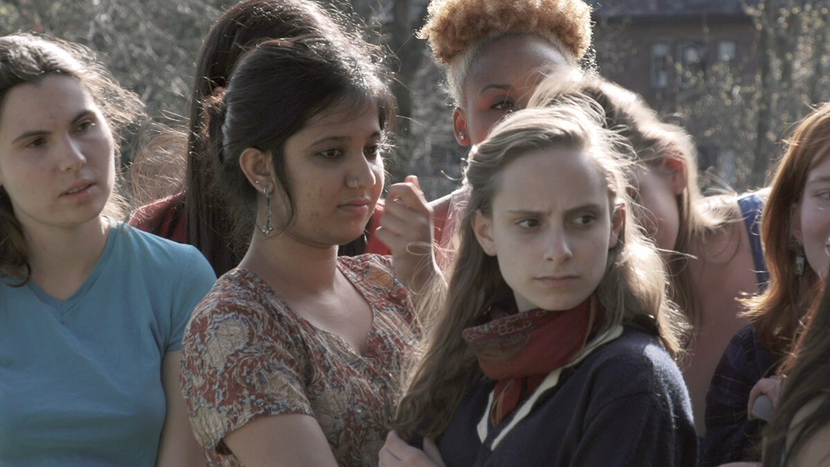 An image from Sharon Hayes' “Ricerche: three” (2013), featuring female students from Mt. Holoyoke College. | Courtesy of UCLA