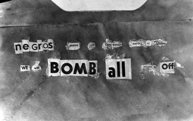 Copy of the note that was found at the William Bailey home at 2130 South Dunsmuir Avenue, after it was bombed. The note reads, "Negros move off Dunsmuir north of Adams we will bomb all negros off." Photograph dated March 17, 1952. | Los Angeles Public Lib