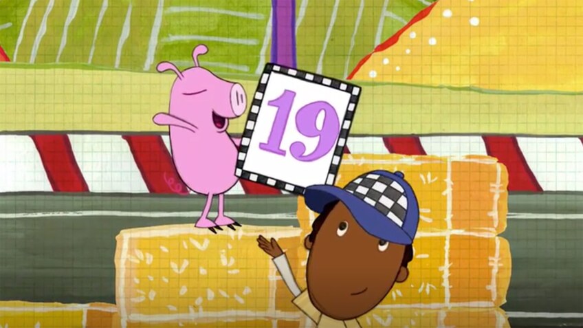 Cartoon of a singing pig holding a sign with the number 19 on a haystack. A standing boy smiles and points to the number.