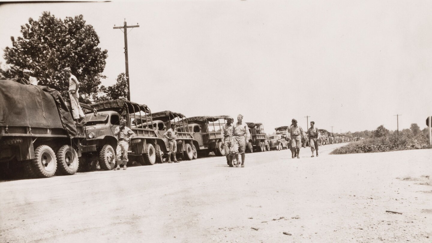 A photograph of an Army convoy, 1941 July 10 | Go for Broke National Education Center Collection, USC Libraries
