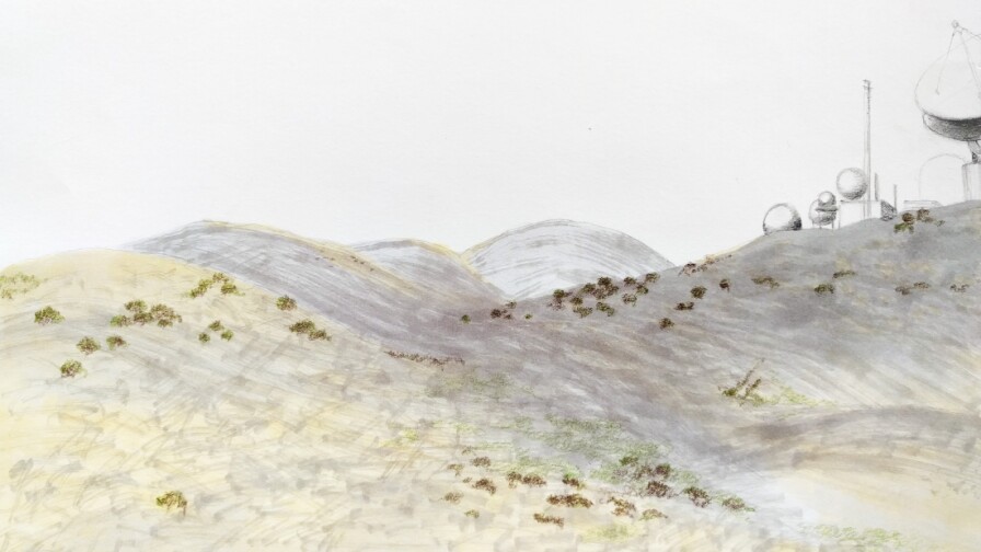 Sketch of the Ridge with Laguna Peak Tracking Station, 2016. Marker and pencil on paper | Jena Lee