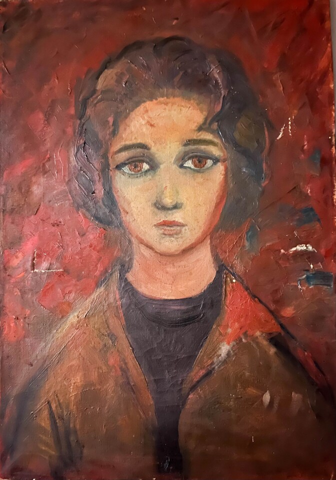 A portrait painting of a young woman with dark, curly hair that falls to her chin. The woman has dark brown eyes and a solemn look on her face. She's wearing a brown jacket and black shirt. Behind her is a red painted background.