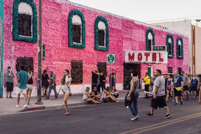 Justin Favela's "Piñata Motel. 2016" uses paper and glue on an existing motel.| Krystal Ramirez