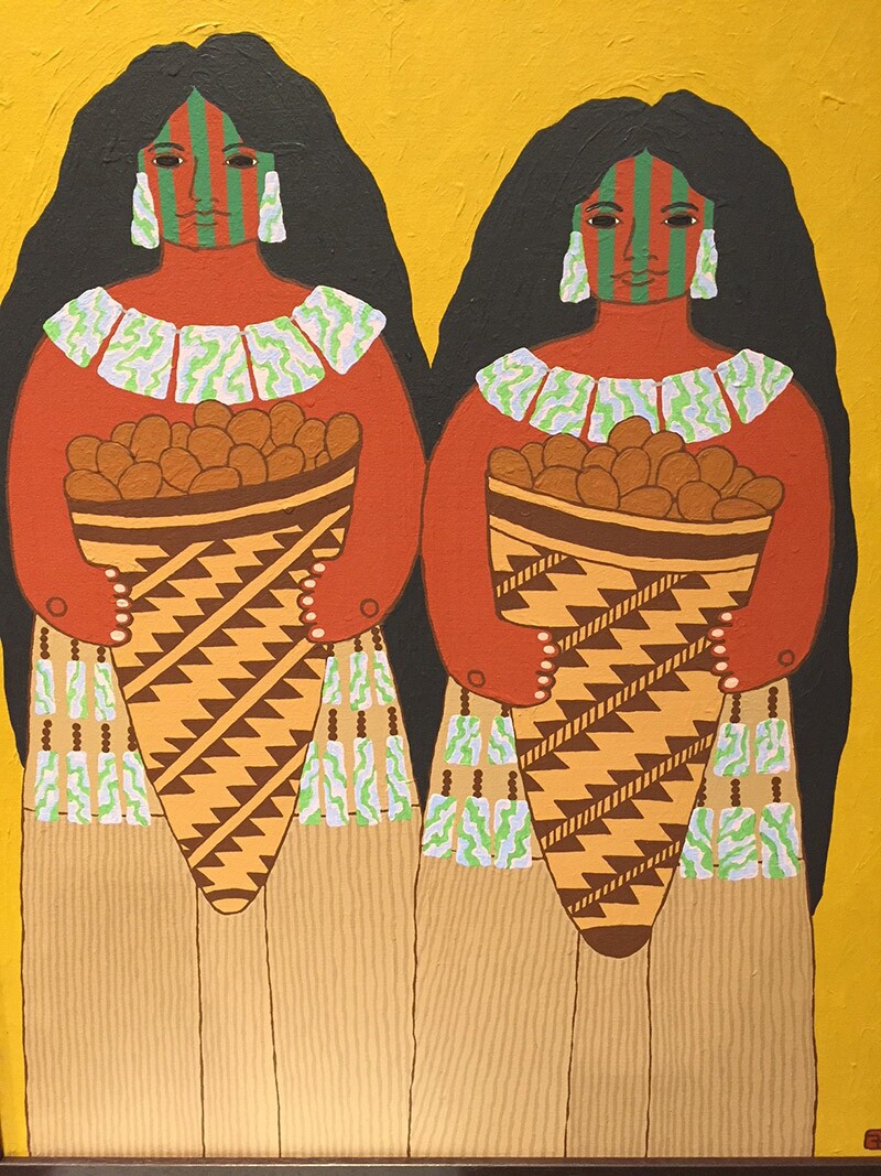 "A Gift from California" by Harry Fonseca (Nisenan Maidu/Hawaiian/Portuguese) on display in "The Life and Work of Mabel McKay" at the Autry Museum of the American West | Paige Bardolph