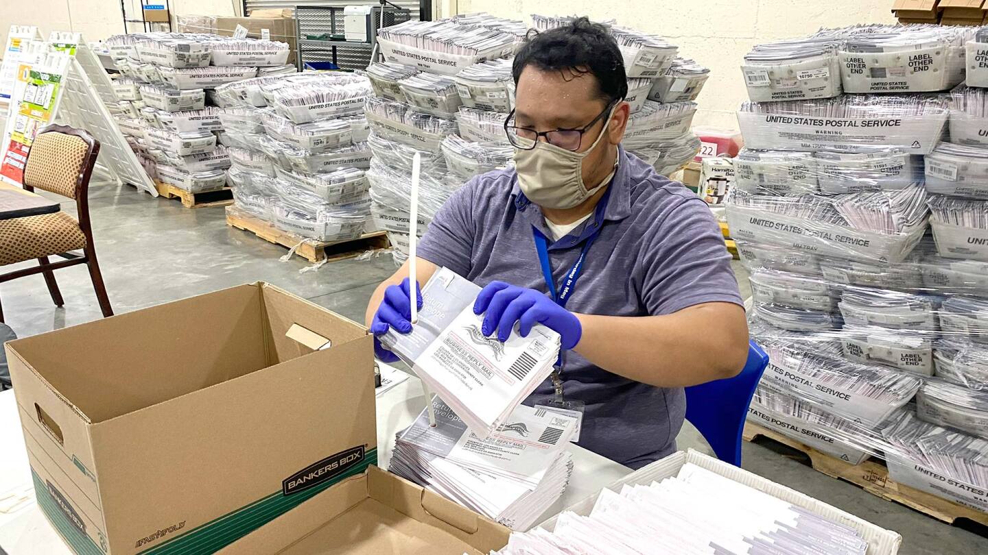 Clerk Joseph Gabriel M Gavile works at the ballot processing center at the L.A. County Registrar temporary building at the Fairplex in Pomona on Oct. 23, 2020. | Keith Birmingham/MediaNews Group/Pasadena Star-News via Getty Images