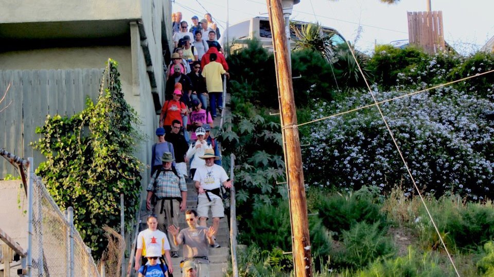 The Big Parade heads down a staircase in 2012. | Photo: Zach Behrens/KCET