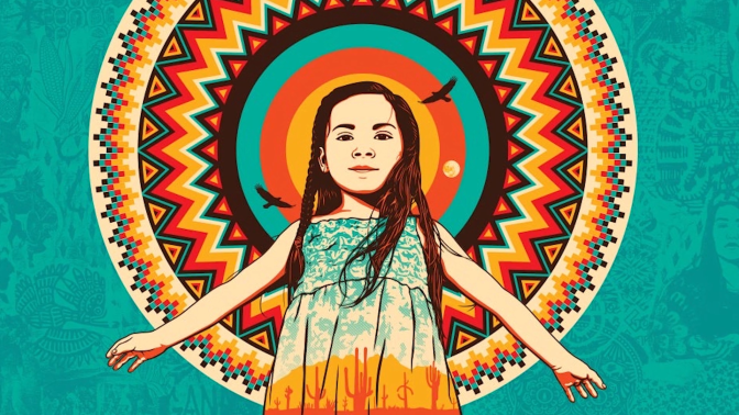 A young girl stands in the foreground with a backdrop of flying birds and a halo of concentric circles.