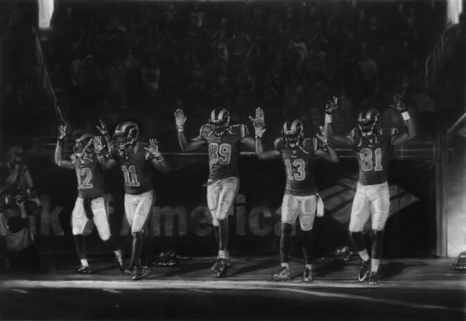 Robert Longo, “Full-scale Study for Five Rams (Ferguson/ Hands Up/ November 30, 2014),” 2015. Charcoal on archival pigment print. 104 x 150 inches. | Photo: Courtesy of the artist