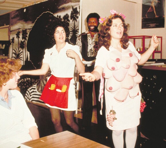 Anne Gauldin as the Waitress Goddess Diana in "Ready to Order" by the Waitresses, a performance in restaurants in L.A., 1978 | Image permission: Otis College of Art and Design Library