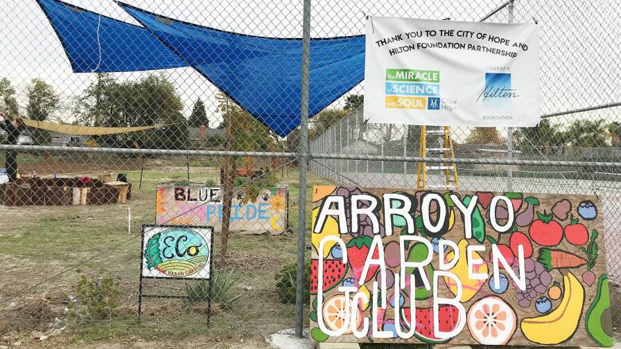 Decorations on the edge of Arroyo High School's community garden | Marianne Zaugg