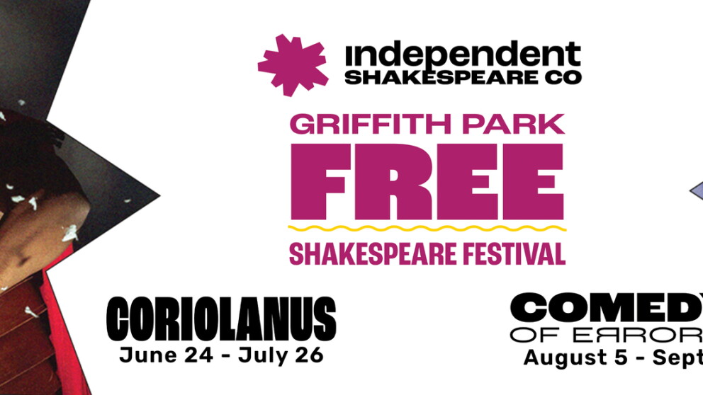 "The Comedy of Errors" By William ShakespearenDirected by Melissa Chalsma, event banner with event information in the center and two photos of actors performing on each side 