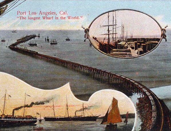 The 4,600-foot wharf at Port Los Angeles, located a half mile north of Santa Monica Canyon, was part of the Southern Pacific's scheme to locate a harbor in Santa Monica. Courtesy of the Palisades Historical Image Collection, Santa Monica Public Library.