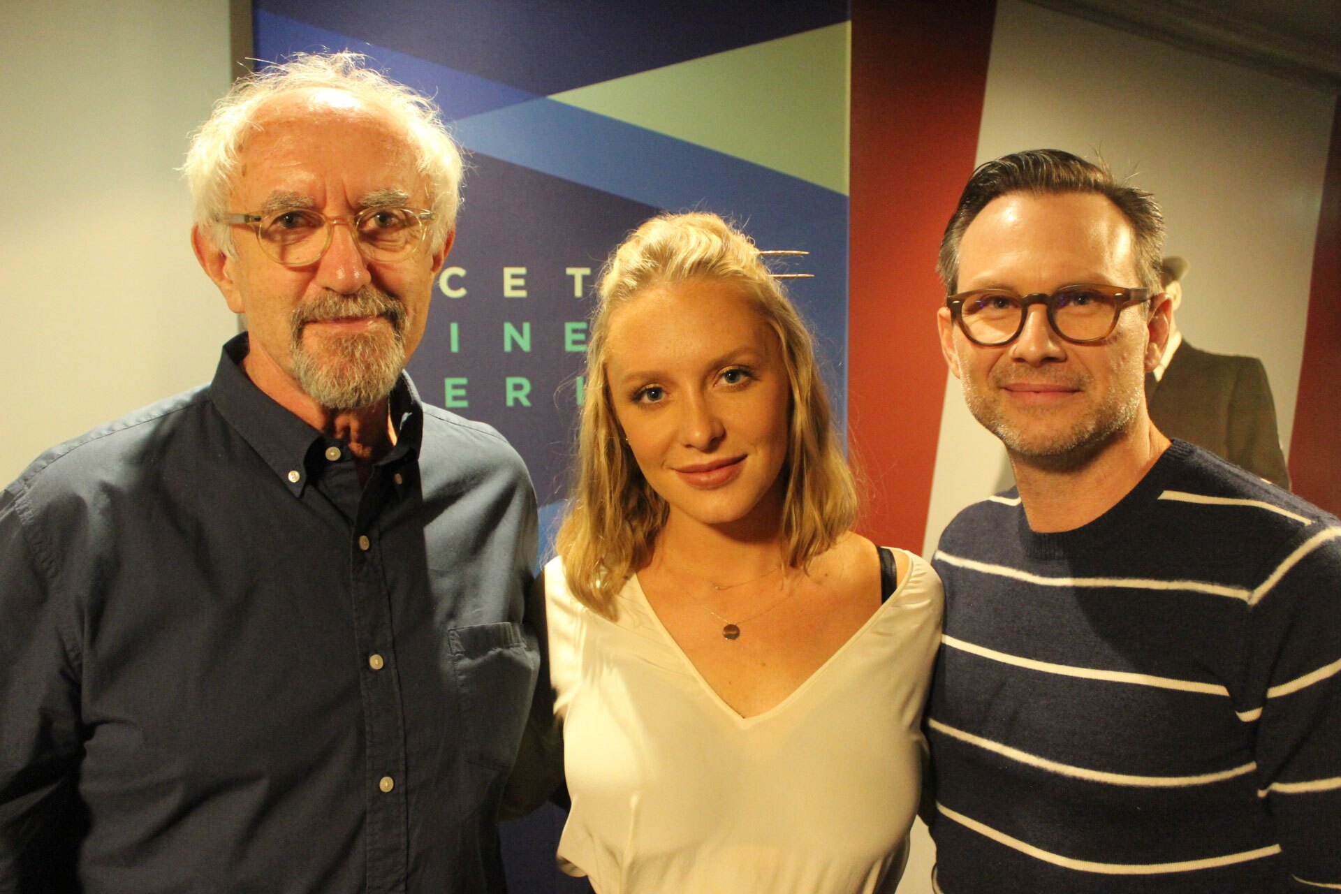 Actors Jonathan Pryce, Annie Starke and Christian Slater after a screening of "The Wife"