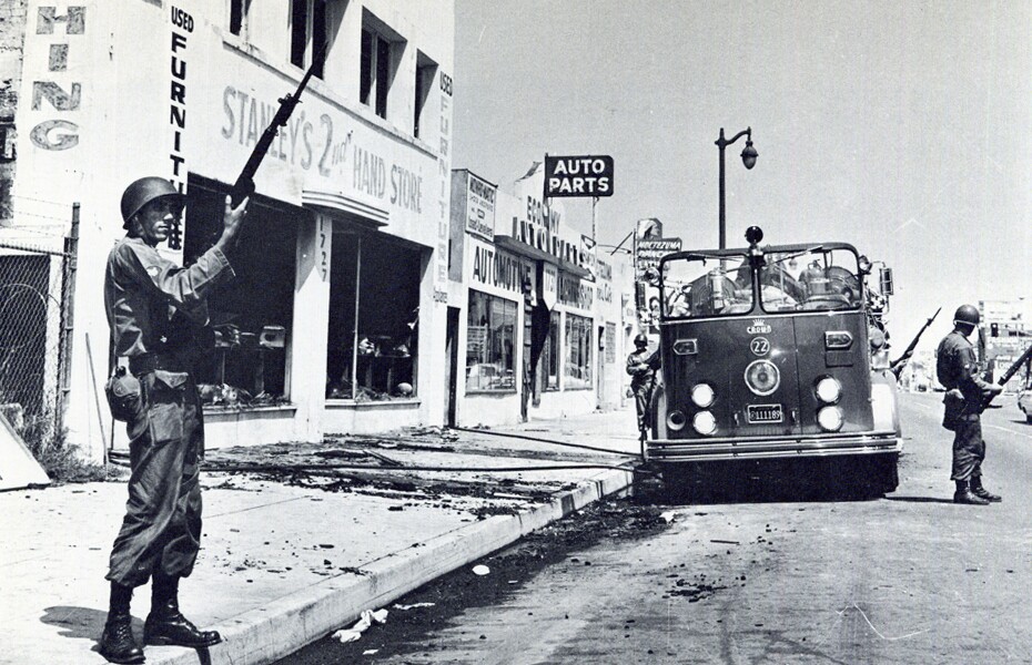 The arrival of the National Guard days after the 1965 Watts Uprising I Photo courtesy of the California State University, Dominguez Hills archives -- Watts Then and Now exhibit.