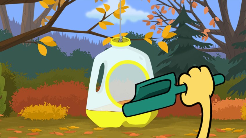 A cartoon hand scoops bird seeds into a feeder.