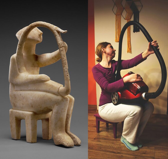 Male Harp Player of the Early Spedos Type, 2700–2300 B.C., Cycladic. Marble, 14 ⅛ x 11 1/16 in| The J. Paul Getty Museum, 85.AA.103 and a recreation via Facebook | Irena Ochódzka with canister vacuum