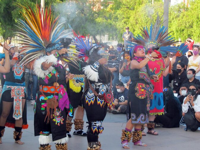 Several danzantes give a danza presentation at a Juneteenth celebration in Boyle Heights’ Mariachi Plaza | Anthony Nittle