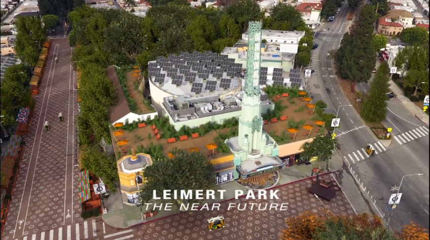 Renderings of Ben Caldwell's "Sankofa City," which imagines culturally-responsive architecture and infrastructure in Leimert Park and beyond.