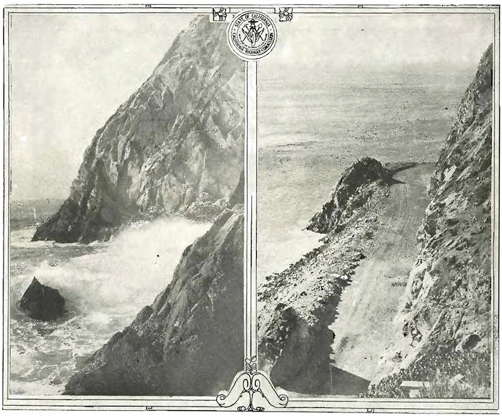 The coast highway's original alignment bent around Point Mugu where waves once lashed at its stony face. Photo from the October 1924 issue of California Highways, courtesy of the Metro Transportation Library and Archive.