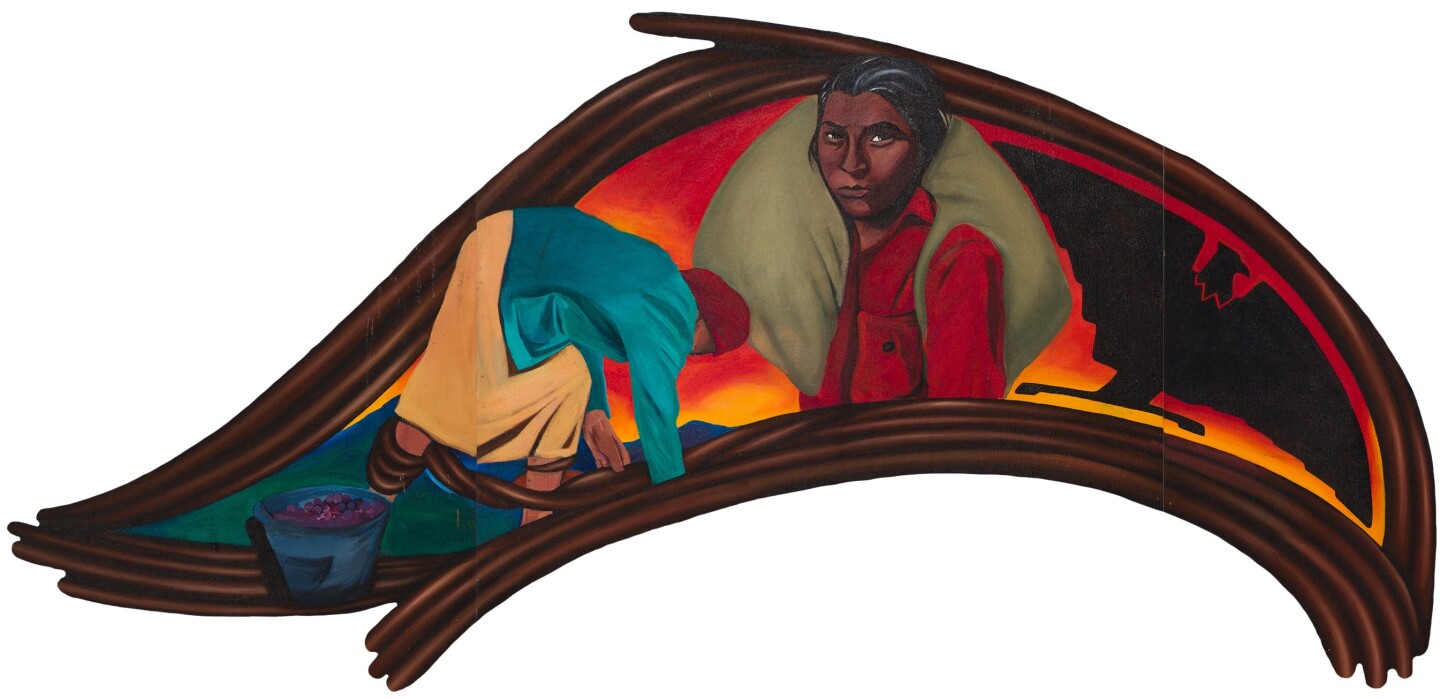 An illustration depicting a woman carrying a burlap sack and another woman farming the land, alongside the eagle-shaped logo of the United Farm Workers