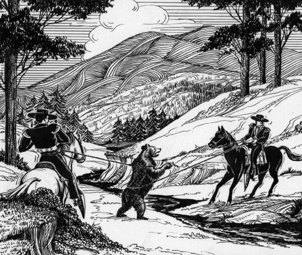 Riders capture a grizzly bear. Courtesy of the Security Pacific National Bank Collection, Los Angeles Public Library.