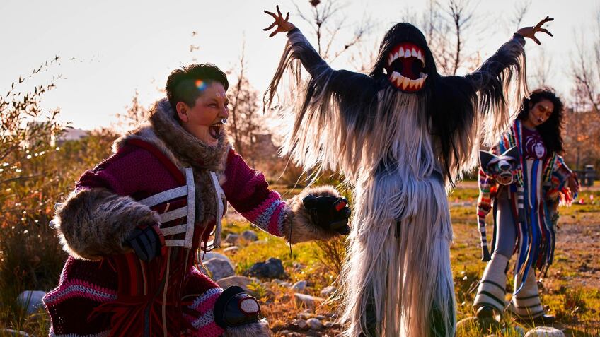 Carmina Escobar and  Micaela Tobin as Coyotes with Sharon Chohi Kim as Wiindigo in "Sweet Land" | Photos by Casey Kringlen for The Industry