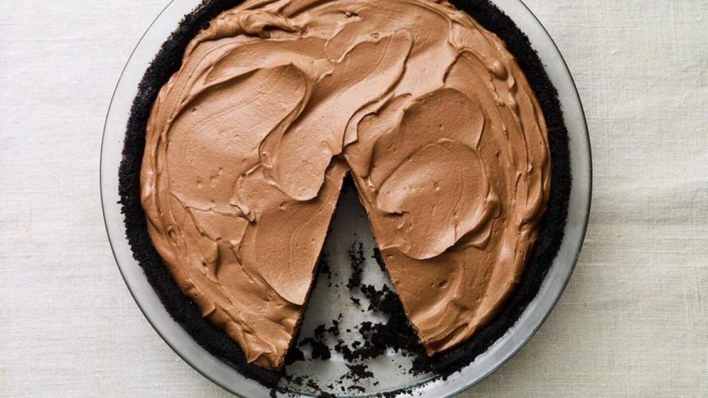 A No Bake Chocolate Pie with a slice missing. | From "Pati's Mexican Table: Season 5, Episode 12"