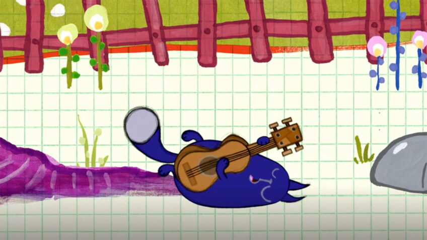 A blue, cartoon cat takes a nap on the ground as it hugs a guitar.
