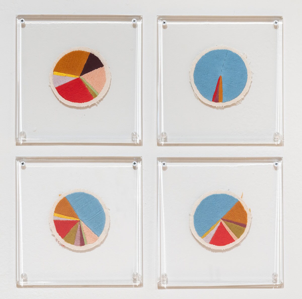 "Carmen Rojas,""Elvis Pérez," "Manuel Rivera," "Liza Ann Acosta," 2016–ongoing. Embroidery on fabric, 3.5 in. diameter. Part of "Sula Bermúdez-Silverman: Neither Fish, Flesh, nor Fowl" at CAAM. | Courtesy the artist