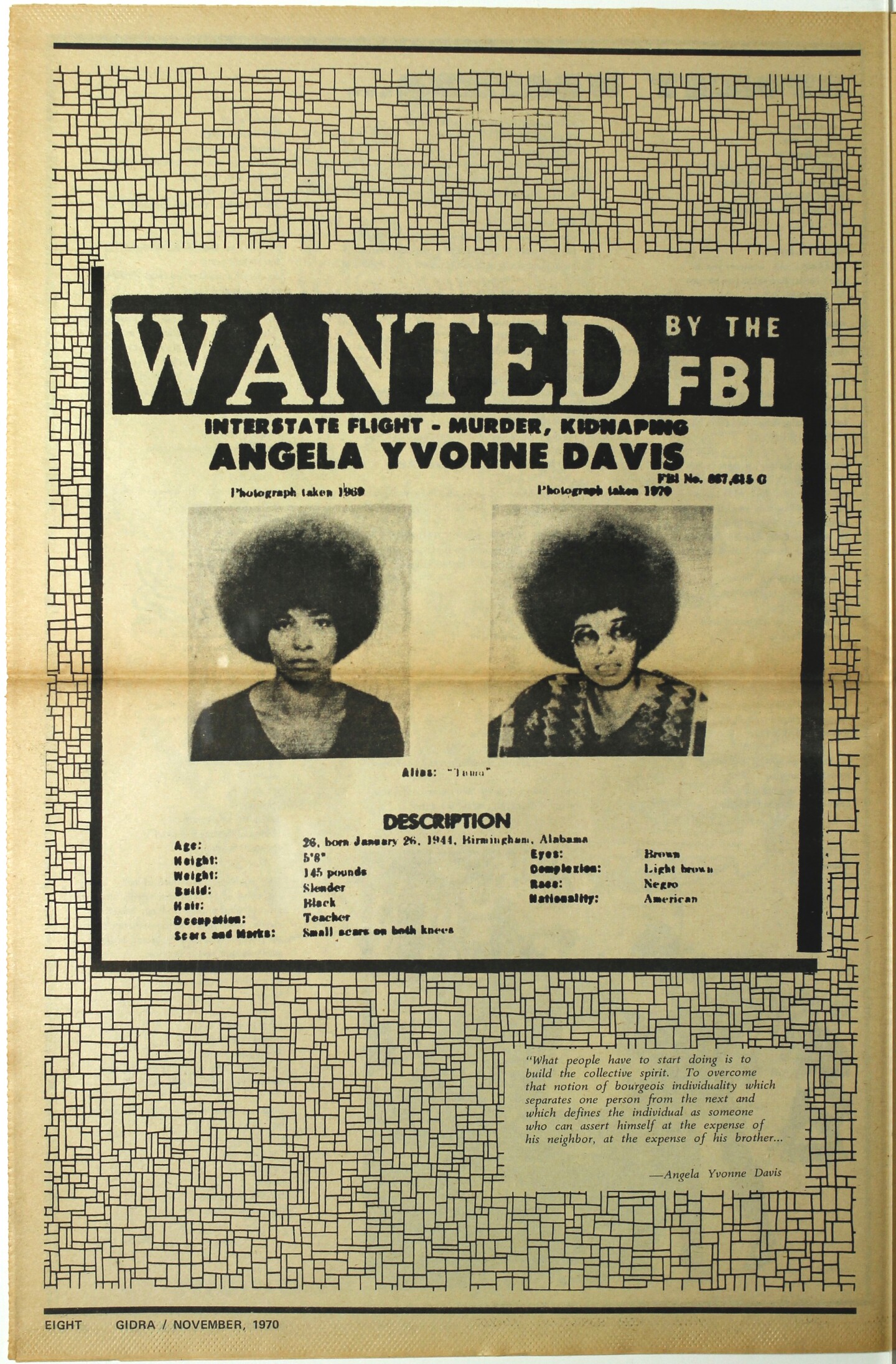 A wanted poster for Angela Davis in the November 1970 issue of Gidra.