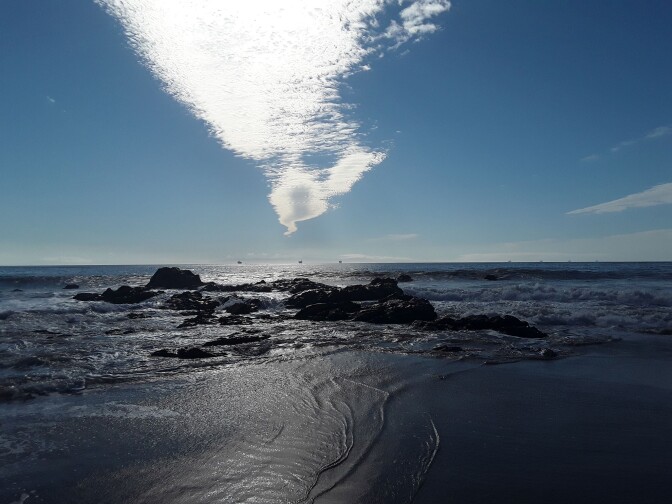 Black tar surfaces and covers the coastline of Carpinteria State Beach.