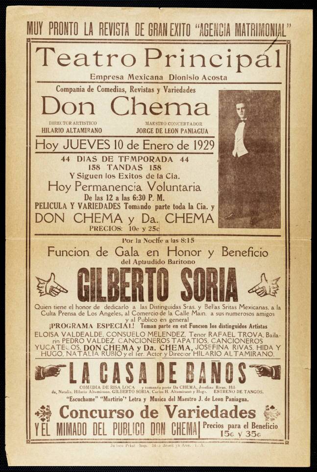 Broadside for Teatro Principal, Los Angeles, printed by Imprenta Jalisco, Boyle Heights, 1929 January 10. | University of Southern California Libraries, Workman and Temple Family Homestead Museum Collection, 1830-1930