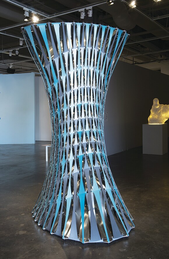 DOSU Studio Architecture, exo, 2013, Aluminum, thermobimetal, 6' x 5' x 8' tall, Commissioned by Museum of Contemporary Art Santa Barbara for Almost Anything Goes: Architecture and Inclusivity, January 5 - April 13, 2014. | Photo: Wayne McCall