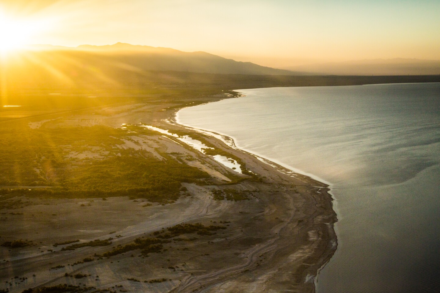 Aerial view of the Salton Sea shore from Oasis, Ca. | Lift to Rise