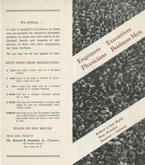 The American Committee for Refugees Public Appeal Brochure,1939<br /> Courtesy of the USC Libraries -- Jack L. Warner Collection.