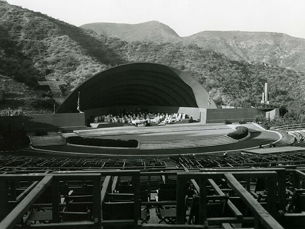 The following year, a new band shell designed by Wright featured concentric elliptical arches. It suffered weather damage that following winter and was discarded. Courtesy of the Hollywood Bowl Museum.