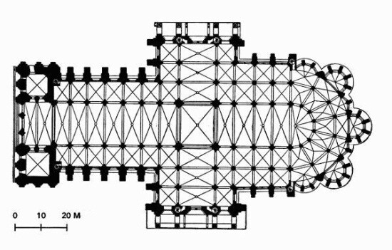 Plan of Chartres Cathedral. Located in Chartes, southwest of Paris, the cathedral is considered one of the finest examples of the French High Gothic style.