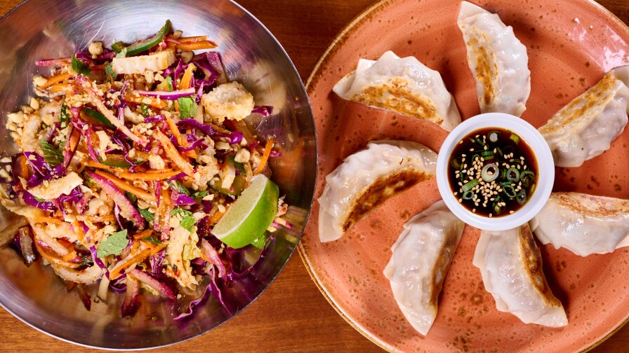 A dumpling dish and a salad dish from Brooklyn's Insa.