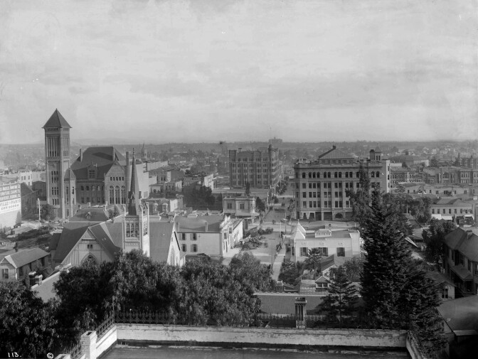 Circa 1894 view of Los Angeles and the Bradbury Block at Broadway & 3rd