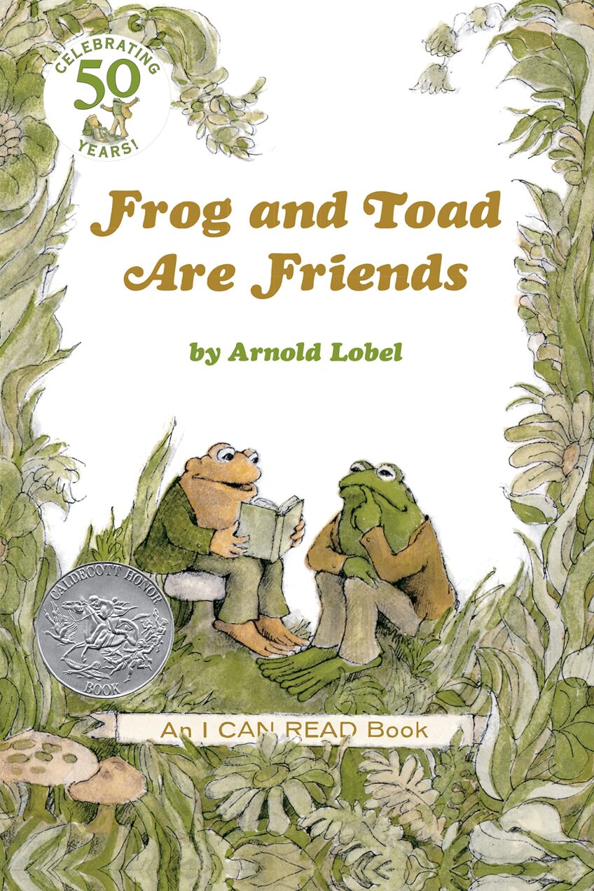 book cover with illustration of a frog and toad sitting together reading a book in a forest