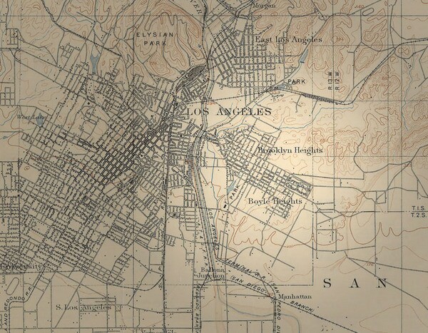 Though the name fails to earn a mention on most maps today, this 1908 topographic map includes Brooklyn Heights. Courtesy of the Map Collection, Los Angeles Public Library.