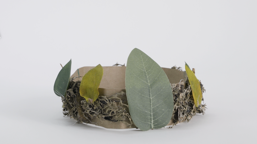 Crown made using leaves, moss, and cardboard