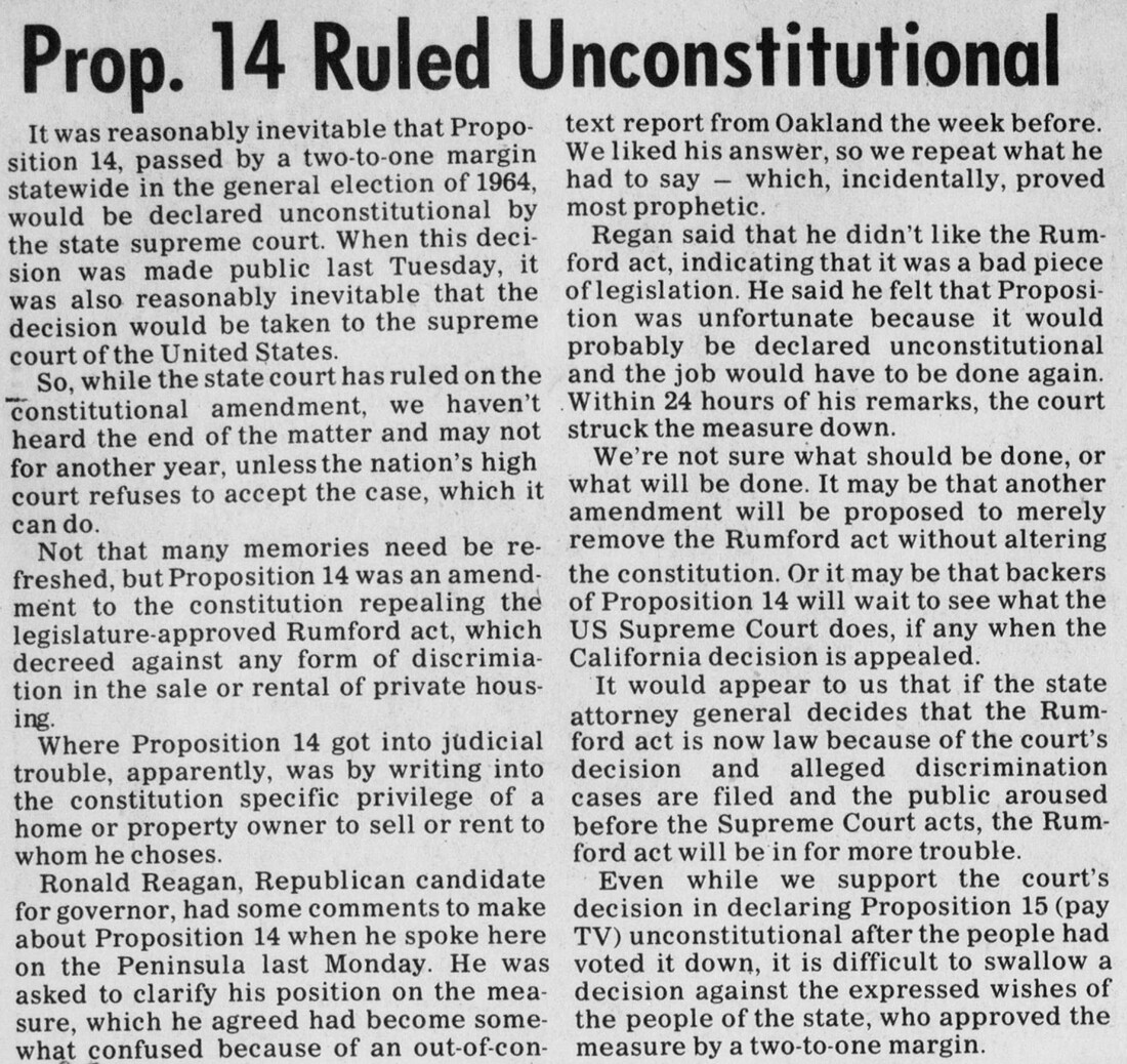 "Prop. 14 Ruled Unconstitutional" article from page 4 of Palos Verdes Peninsula News' May 15, 1966 Sunday Edition. | California Digital Newspaper Collection