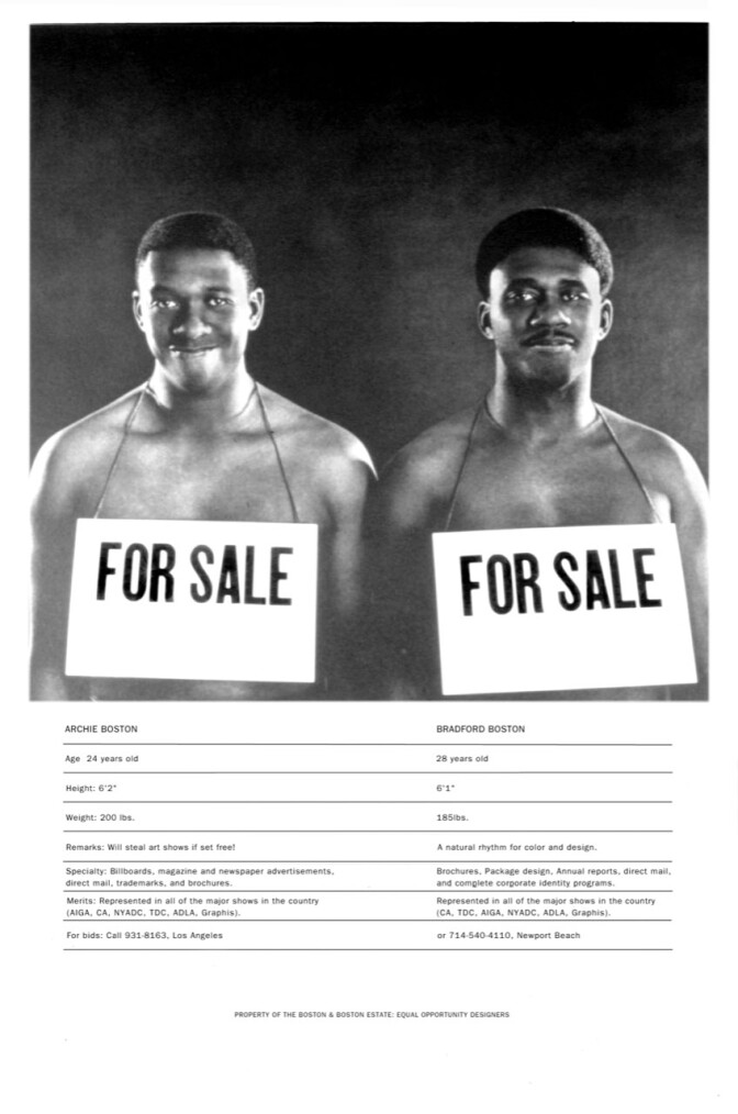 Archie Boston and his brother stand with for sale signs on their chests.